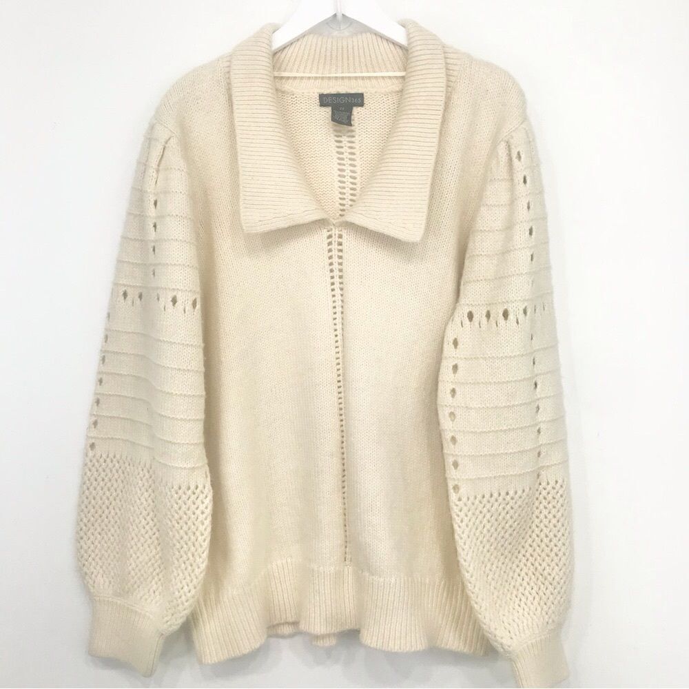 Design 365 Cream Cozy Puff Sleeve Collared Pullover Thick Knit Sweater